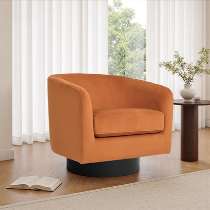 Swivel Barrel Accent Chair, Velvet Upholstered Armchair Modern Round Club Arm Chair for Living Room, Comfy Single Sofa Seating Bedroom Side Reading Seat for Home Office - Orange