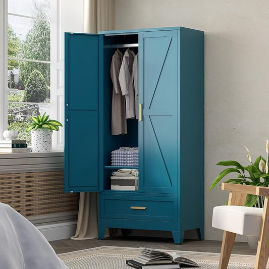 COFaR 71 Farmhouse Metal Wardrobe Closet with Hanging Rod, 2 Barn Doors, Adjustable Shelves, Steel Armoire with Drawer for Home, Bedroom Green