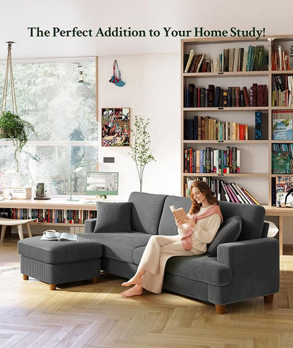 Welzona 87.2" Couches for Living Room, Comfy L Shaped Couch Grey 7.5" Thicker Cushion, Sofas for Living Room Tool-Free Setup, Loveseat with Ottoman 848lbs Support, Corduroy Couch for Bedroom, Office