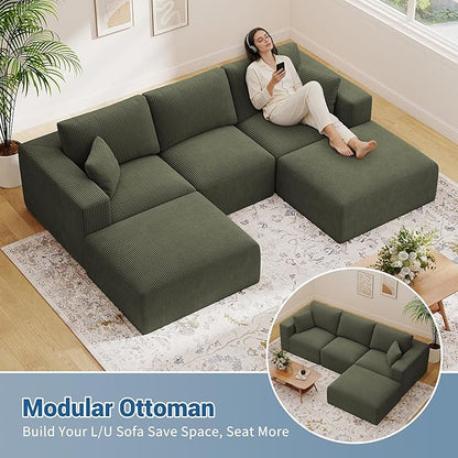 40" Oversized Large Square Corduroy Ottoman Pouf - Poofy Plush Foot Rest with Foam Chunk Filling, Movable Floor Pouf Footstool & Ottoman Coffee Table for Living Room Couch Bedroom, Green(2 Pieces)