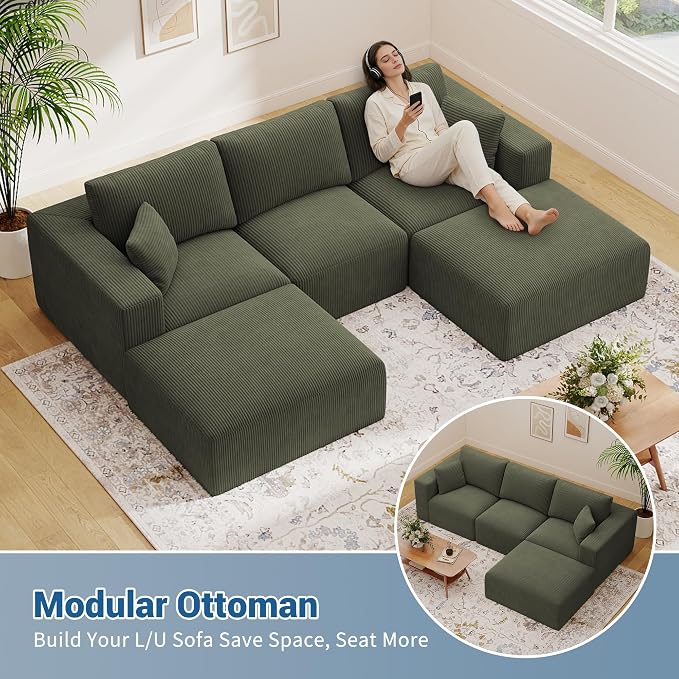 40" Oversized Square Corduroy Ottoman Pouf - Poofy Soft Foot Rest with Foam Chunk Filling, Movable Large Ottoman Pouf Footstool for Living Room Sofa Couch Bedroom, Green(1 Piece)