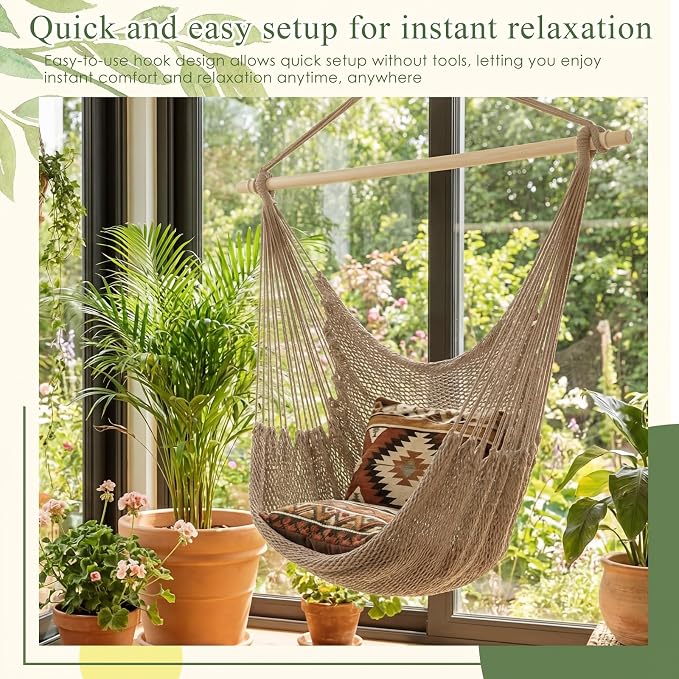 Barydat 2 Pcs Hanging Hammock Chair Boho Swing Chair Outdoor Indoor Comfy Soft Cotton Rope Weaving with 40 Inch Detachable Metal Bars for Backyard Living Room Garden, 270lb Capacity (Brown)