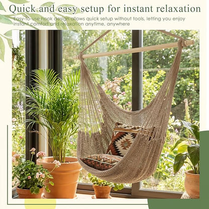 Barydat 2 Pcs Hanging Hammock Chair Boho Swing Chair Outdoor Indoor Comfy Soft Cotton Rope Weaving with 40 Inch Detachable Metal Bars for Backyard Living Room Garden, 270lb Capacity (Brown)