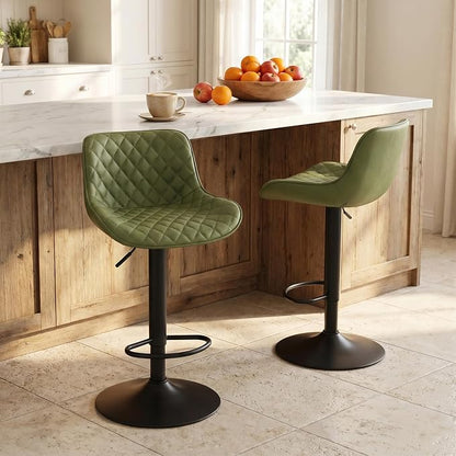 YOUTASTE Olive Green Bar Stools Set of 2, Mid-Century Modern Counter Height Stools for Kitchen Island, Faux Leather Upholstered, Swivel, Adjustable, Bar Chairs with Black Metal Base for Home Bistro