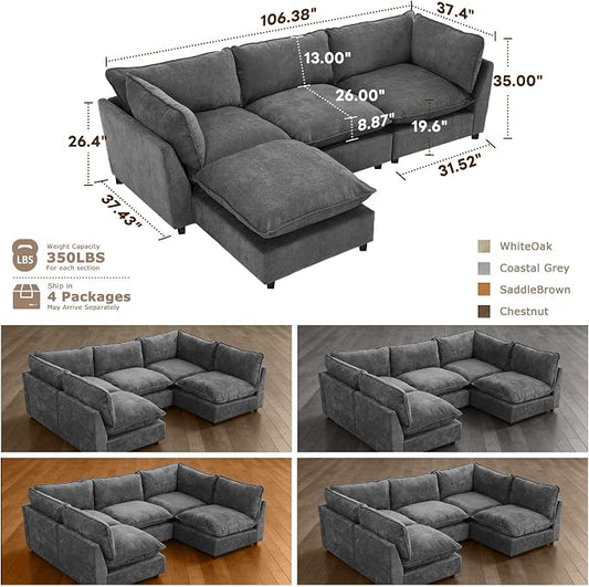 Iroomy Modular Sectional Sofa, Oversized Chenille Cloud Couch, Deep Comfy Seat, 4-Seater Sofas Couches for Living Room, Dark Grey, High Feet