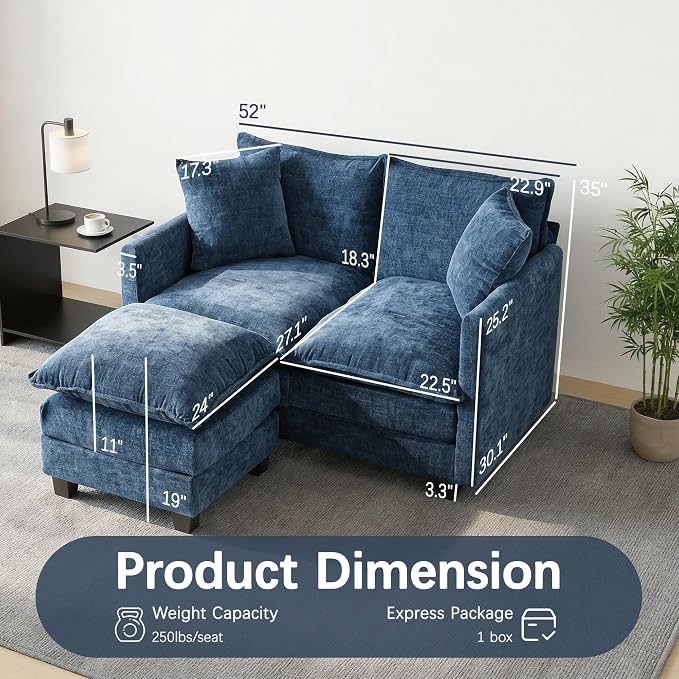 Loveseat Sofa with Ottoman, 52'' Modern Cloud Sofa Couch with 27" Deep Seat & 2 Pillows, Comfy Chenille Small Couch for Small Spaces, Apartment, Studio, Bedroom, Living Room