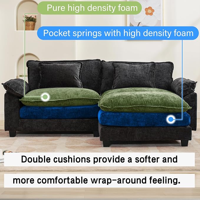 Oprisen 86" Modular Sectional Sofa, Comfy Cloud Couch Sectional Sofa with Ottoman, Chenille Sofa Sleeper Deep Seat Sofa with Throw Pillows for Living Room (Black, 86"- L Shape)