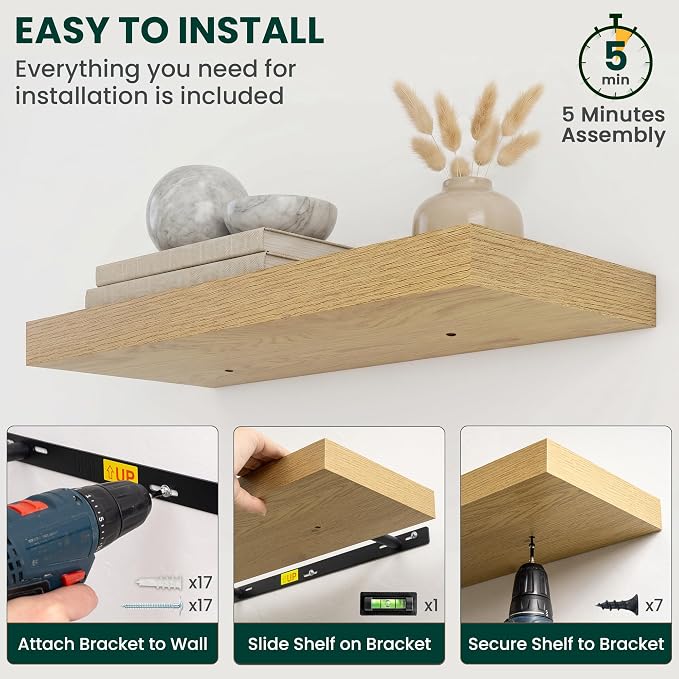 Floating Shelves for Wall 16 in x 9.3 in Deep, Wall Mounted Rustic Wood Shelf with Invisible Brackets for Storage & Display, Living Room Bedroom Bathroom, Oak, 2 Pack