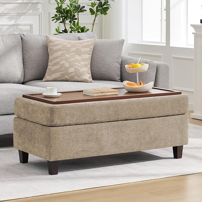 45 Inch Large Storage Ottoman Bench with Wooden Tray Coffee Table, Khaki Chenille Upholstered Foot Rest, Multifunctional Foot Stool Ottoman for Living Room, Bedroom & Entryway, Solid Wood Legs