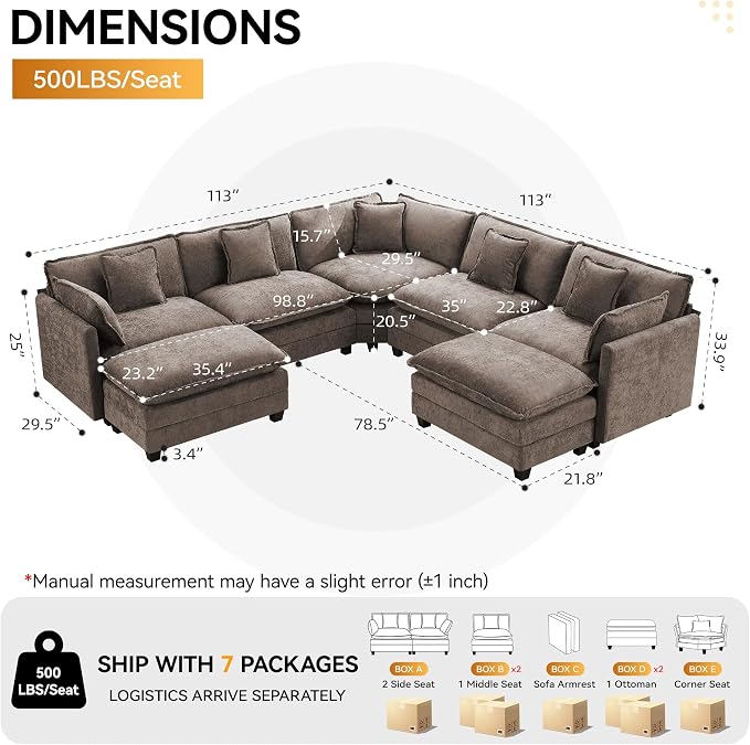 113'' V Shaped Cloud Sectional Sofa, Oversized Deep Seat Couches for Living Room, Chenille Comfy Upholstered Modular Sectional Sofa Couch with 2 Movable Ottoman, Brown