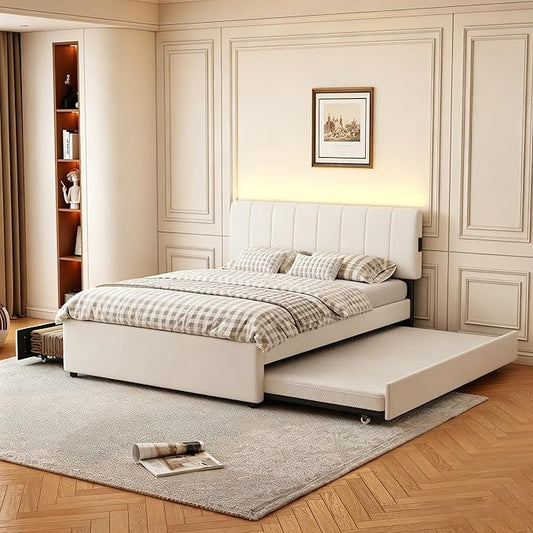 Full Size Upholstered Platform Bed w/Trundle Bed & 2 Storage Drawers | Twin Size Trundle,Two Drawers,LED Lighting Controlled by APP, USB+Type-C Charging Ports, Chenille Upholstered Bed Frame,Beige