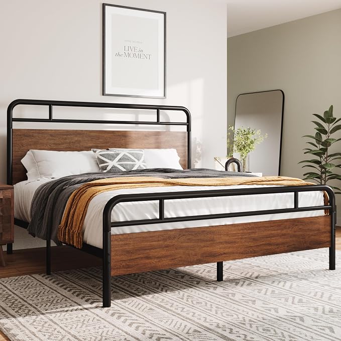 Allewie Full Size Platform Bed Frame with Wooden Headboard and Footboard, Heavy Duty 13 Metal Slats Support, Under-Bed Storage, No Box Spring Needed, Noise Free, Easy Assembly, Walnut