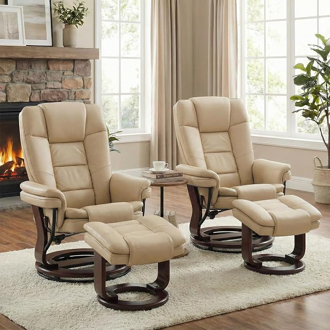 Swivel Recliner Chair with Ottoman Reclining Lounge Sofa Footrest, Set of 2 | 360°Sturdy Wood Base, Soft PU Leather, Upholstered Ultra-Plush Foam, Modern Armchair, Living Room Bedroom Office Reading Home
