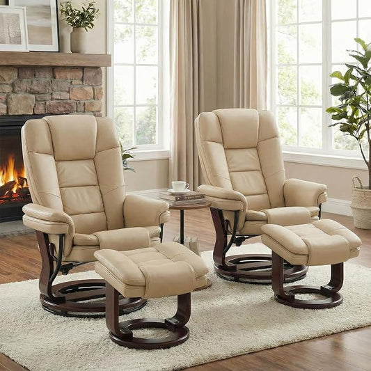 Swivel Recliner Chair with Ottoman Reclining Lounge Sofa Footrest, Set of 2 | 360°Sturdy Wood Base, Soft PU Leather, Upholstered Ultra-Plush Foam, Modern Armchair, Living Room Bedroom Office Reading Home