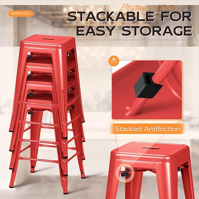 Furmax 24 Inch Metal Bar Stools Set of 4, Counter Height Bar Stools Height High Backless Stools Industrial Stackable Bar Chairs for Dining Room Kitchen Indoor Outdoor Stools Bar Chairs (Red)