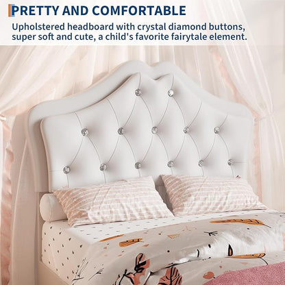 Twin Size Bed Frame for Girls with Storage Drawers & LED Lights, Upholstered Platform Bed, Velvet Crystal Button Princess Bed, Noise-Free Slats, No Box Spring Needed for Kids, Teens, White