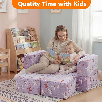 MeMoreCool Kids Modular Couch – Glow-in-the-Dark Butterfly Foam Sofa Bed, Lavender Convertible Toddler/Youth Playroom Sofa-to-Bed