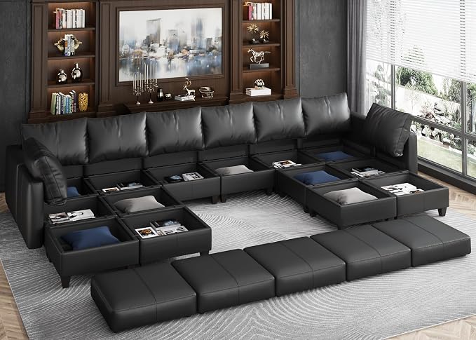 EASE MOOSE U Shaped Modular Sectional Sofa with Storage, Faux Leather Modular sectional Oversized Modular Sectional Couch with Reversible Chaises for Living Room