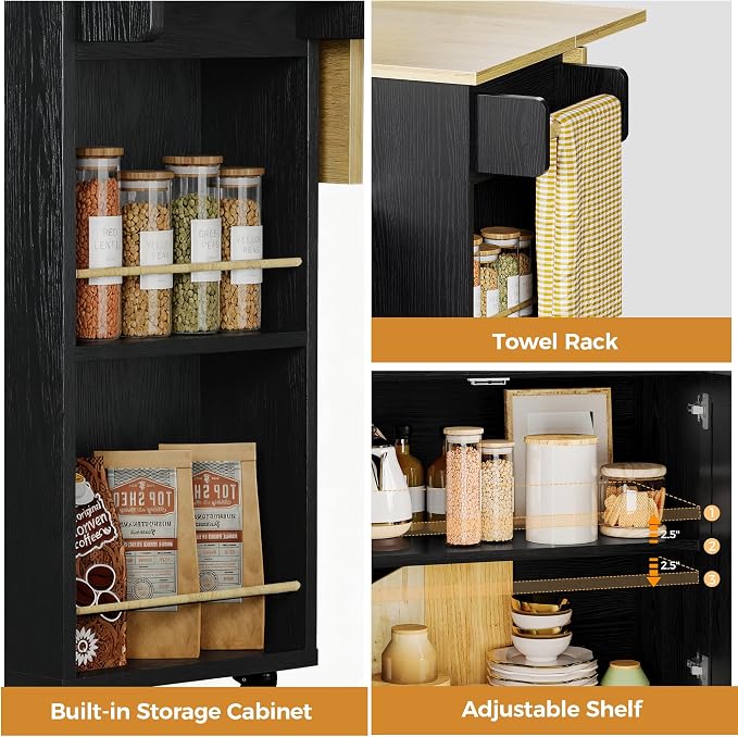 IRONCK Rolling Kitchen Island Table on Wheels with Drop Leaf, Storage Cabinet and Drawer, 52 in Kitchen Cart with Spice and Towel Rack for Kitchen, Black
