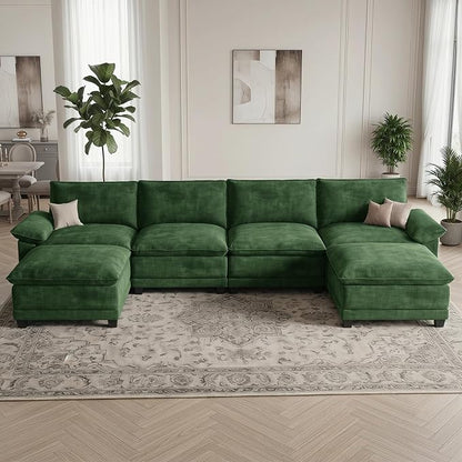 Modern U Shaped Sofa Couches for Living Room, Modular Sectional Cloud Couch with Movable Ottoman, Comfy Chenille Sofa for Apartment and Small Space, Green