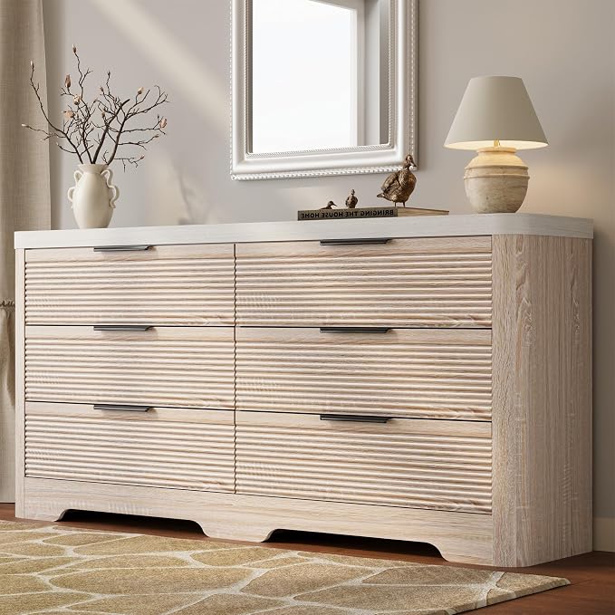 FUSUNBAO Fluted 6 Drawer Dresser, Modern Wood Dresser for Bedroom,TV Stand,Thickened Curved Profile Design,Bedroom,Entryway,Wood Drawer Organizer(Natural Oak)
