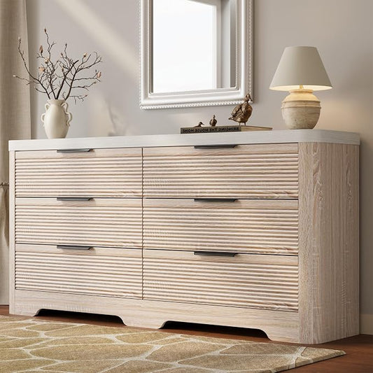 FUSUNBAO Fluted 6 Drawer Dresser, Modern Wood Dresser for Bedroom,TV Stand,Thickened Curved Profile Design,Bedroom,Entryway,Wood Drawer Organizer(Natural Oak)