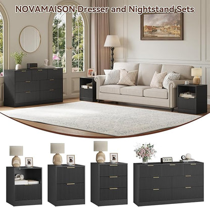 3 Pcs Black Dresser & Nightstand Set, 7 Drawer Dressers and Night Stand Set of 2 with Metal Handle, Fluted Modern Wood Chest of Drawers Storage Dressers Set for Bedroom, Black
