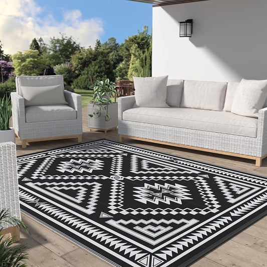 GENIMO Outdoor Rug for Patio Clearance - 6x9 ft Waterproof Plastic Camping Rugs, Reversible Outside Rv Mat Carpet for Porch, Deck, Picnic, Balcony, Beach, Backyard, Black White