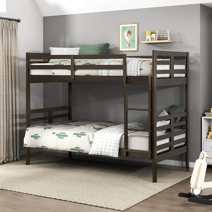 Lexicon Bunk Bed Twin Over Twin, Wooden Bed Frame with Sturdy Ladder and Safety Guard Rails, Modern Space-Saving Design, for Bedroom/Guest Room, No Box Spring Needed, Dark Brown