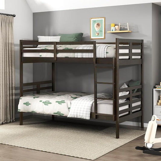 Lexicon Bunk Bed Twin Over Twin, Wooden Bed Frame with Sturdy Ladder and Safety Guard Rails, Modern Space-Saving Design, for Bedroom/Guest Room, No Box Spring Needed, Dark Brown