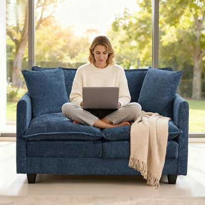 50'' Loveseat Sofa Cloud Sofa Couch, Modern Loveseats 2 Seat Couch 27" Deep Seat with 2 Pillows for Small Spaces Apartment Studio Office Bedroom Living Room, Blue