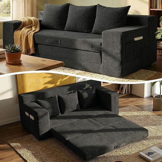 Boneless Couch Sofa Bed, 70'' Convertible Tri-Folding Futon Sleeper with Handle & Side Pockets, Pull Out Couch Bed with Hook and Loop No Assembly for Small Space,Living Room & Bedroom