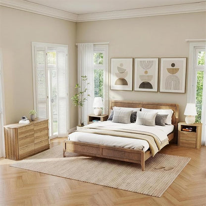 3-Piece Bedroom Furniture Set, Modern Fluted 6 Drawer Dresser & 2-Drawer Nightstands,Mid-Century Wood Storage Cabinet Set n for Bedroom, Hallway (Walnut)