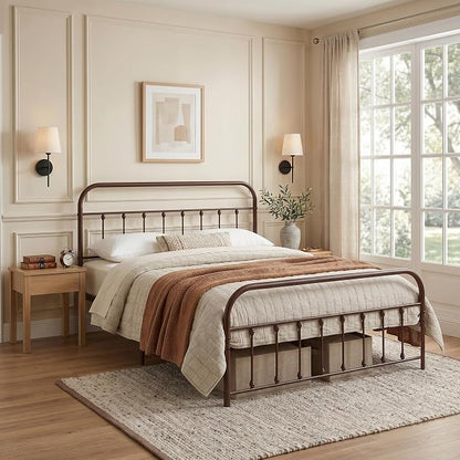 VECELO Purple Bronze Victorian Style Metal Bed Frame with Headboard/Mattress Foundation/No Box Spring Needed/Under Bed Storage and Strong Slat Support Queen Size