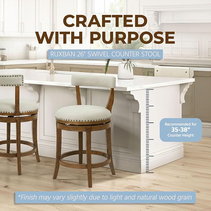 ROME + OAK Ruxban 26" Counter Stool, Low Back Swivel Barstools in Weathered Oak Finish with Sand Fabric Upholstery Seat - Indoor Home Furniture