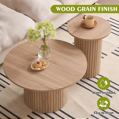 Round Nesting Coffee Table Set of 2, Fluted for Small Spaces | Modern style, suitable for living rooms, roller design, wooden