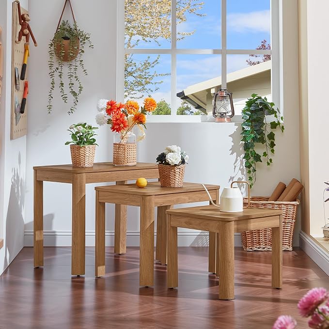 Joaxswe Farmhouse Nesting Tables Set of 3, Living Room Table Set with Rounded Corners & 4 Thickened Table Legs & Stacking Capability, Dark Wood