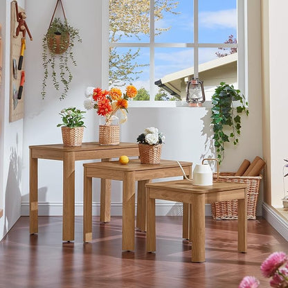 Joaxswe Farmhouse Nesting Tables Set of 3, Living Room Table Set with Rounded Corners & 4 Thickened Table Legs & Stacking Capability, Dark Wood