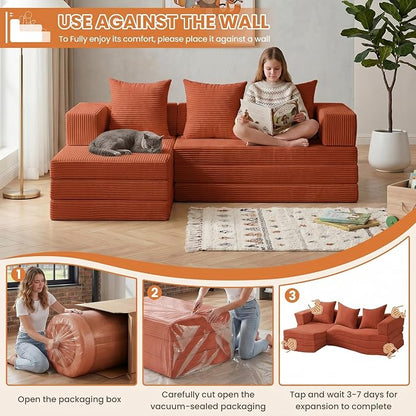 65" Modular Sectional Sofa, Boneless Convertible Sleeper Sofa Bed, Modern Tri-Folding Cloud Couch with L-Shape Chaise, Corduroy Futon Couches for Small Spaces Apartment,No Assembly, Orange