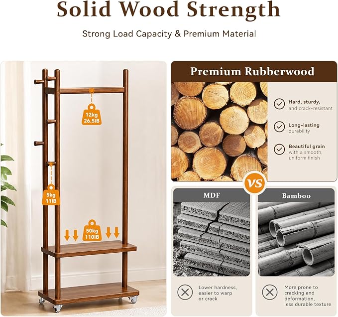 Taitiy Coat Rack Freestanding Clothing Rack with Wheels, Coat Tree Freestanding Heavy Duty with 2 Storage Shelves and 5 Hooks, Wood Garment Rack for Corner Bedroom Hallway Entryway Living Room Hotel