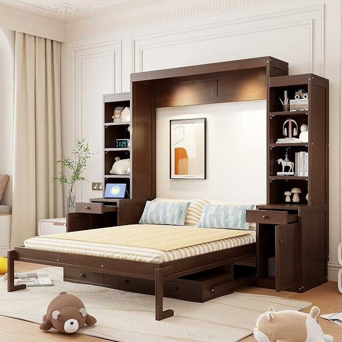 Merax Murphy Bed with Desk, Storage Cabinets and Drawers, Wood Wall Bed with Shelves, Convert to Cabinet, Space-Saving, Queen Size, Dark Brown