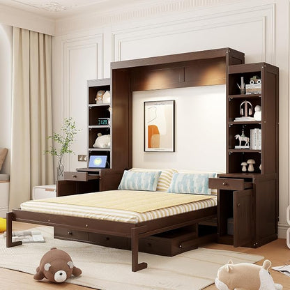 Merax Murphy Bed with Desk, Storage Cabinets and Drawers, Wood Wall Bed with Shelves, Convert to Cabinet, Space-Saving, Queen Size, Dark Brown