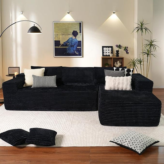 ovios 104" Cloud Boneless Couch with L-Shape Chaise,Modern Sectional Modular Sofa with Deep Seat, Upholstered Couches for Living Room Bedroom,No Assembly Required, Black (Plush Corduroy Fabric)