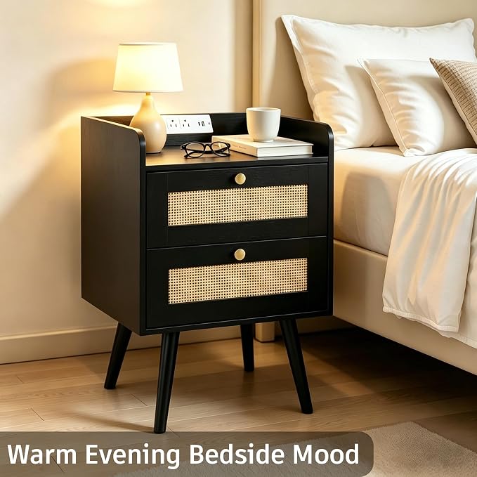 Nightstand with Charging Station, 2 Drawers, Boho Style Rattan Decor Bedside Table, Solid Wood Legs, Open Storage End Table for Bedroom, Small Spaces and Dorm, Black