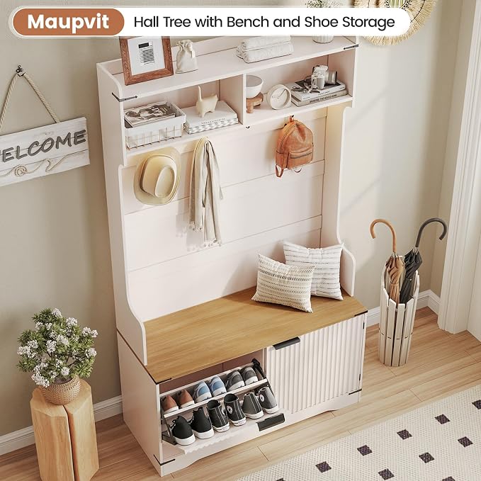 Maupvit Farmhouse Hall Tree with Bench and Shoe Storage, 4 Coat Rack with Shoe Storage Cabinet, 5-in-1 Entryway Organizer with Led Lights, Adjustable Shelves & Flip Drawers, Mudroom Seat Stool, White