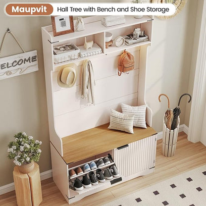 Maupvit Farmhouse Hall Tree with Bench and Shoe Storage, 4 Coat Rack with Shoe Storage Cabinet, 5-in-1 Entryway Organizer with Led Lights, Adjustable Shelves & Flip Drawers, Mudroom Seat Stool, White