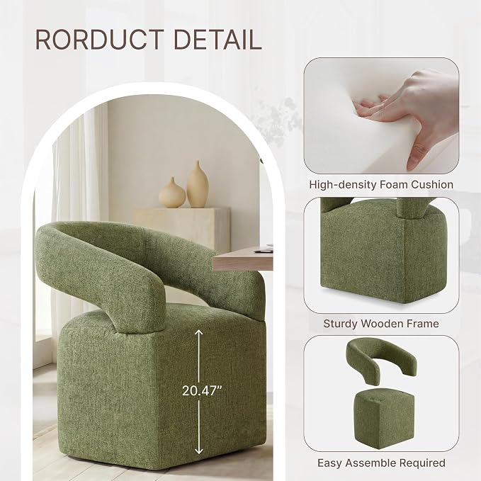 KISLOT Upholstered Dining Chairs Set of 2, Modern Arm Kitchen & Dining Room Chairs with Hidden Casters, Linen Fabric Padded Rolling Chairs, Sturdy Wood Frame, 300 lbs Capacity, Moss Green