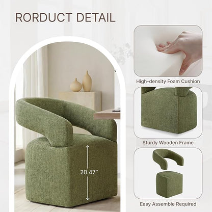 KISLOT Upholstered Dining Chairs Set of 2, Modern Arm Kitchen & Dining Room Chairs with Hidden Casters, Linen Fabric Padded Rolling Chairs, Sturdy Wood Frame, 300 lbs Capacity, Moss Green