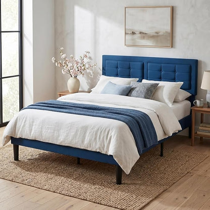 VECELO Full Size Bed Frame, Adjustable Upholstered Button Tufted Headboard, Heavy-Duty Bedframe with Wood Slats Support, No Box Spring Needed, Aegean Blue