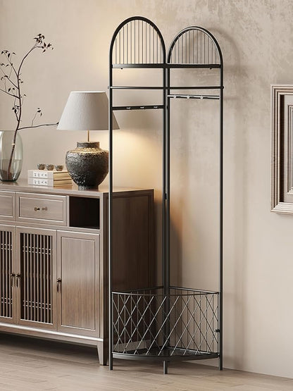 HKaikzo Corner Hall Tree, Coat Rack with 6 Metal Movable Hooks and Storage Basket Coat Rack Design Clothing Rack for Bedroom Entryway Hallway